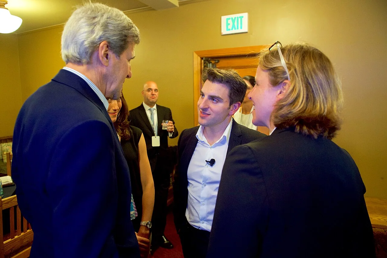 Brian Chesky: Secretary Kerry Chats with Airbnb CEO and Co-Founder Chesky and White House Chief Technology Officer Smith Backstage at the 2016 Global Entrepreneurship Summit in Palo Alto.