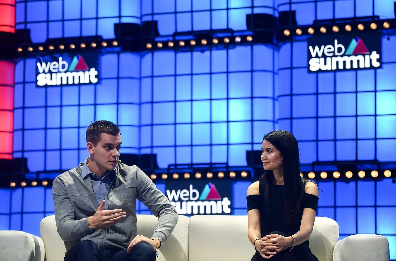 Melanie Perkins (right) with Markus Villig at Web Summit 2019 in Lisbon.